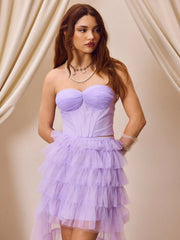 Mesh Sweetheart Corset Knotted Tube Top & Tiered Tulle Maxi Skirt
