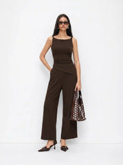Boat Neck Ruched Asymmetrical Hem Wide Leg Jumpsuit
