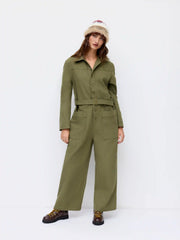 Cotton-blend Collar Straight Leg Cropped Cargo Jumpsuit With Belt