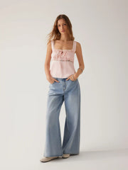 Satin Square Neck Drawstring Lace Trim Tank Top