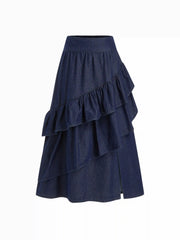 Washed Denim Mid Rise Ruffled Layered Split Maxi Flared Skirt
