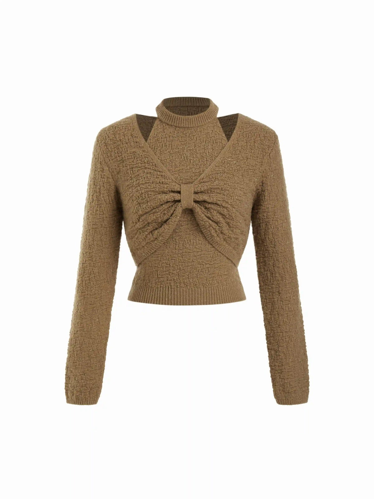 Knit V-neck Bowknot Crop Top & Knit High Neck Top