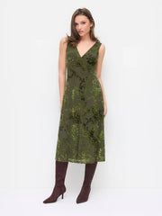 Mesh V-neck Floral Flared Midi Dress