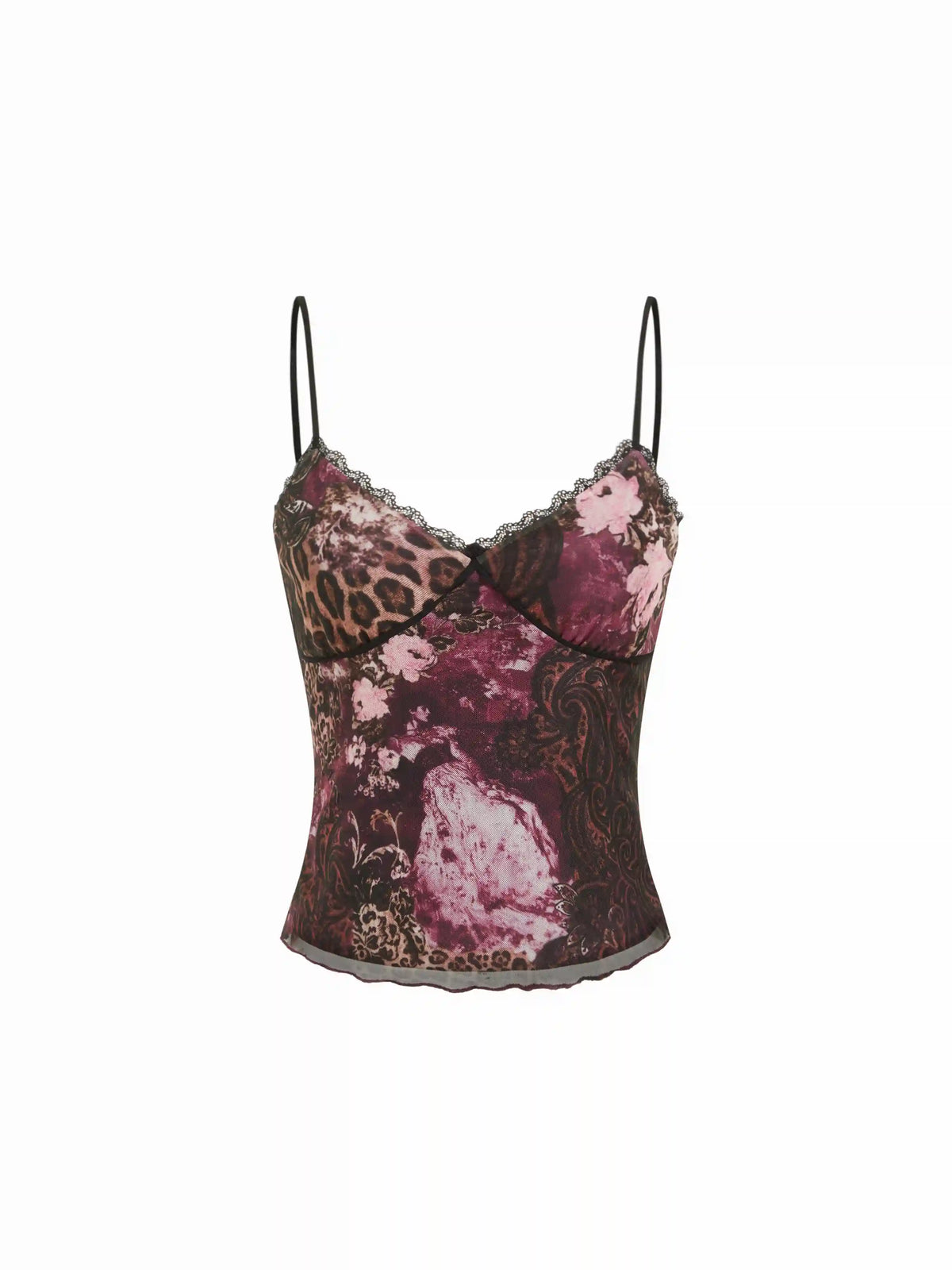 Mesh Leopard & Floral Graphic V-Neck Lace Trim Cami Top