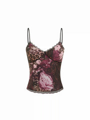 Mesh Leopard & Floral Graphic V-Neck Lace Trim Cami Top