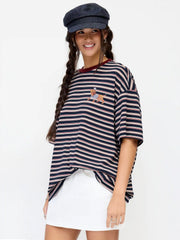 Stripe Dog Graphic Middle Sleeve Oversized Tee