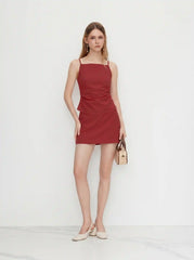Linen-blend Ruched Criss Cross Backless Cami Top With Mini Skirt Set