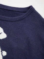 Dog Graphic Knit Asymmetrical Neck Long Sleeve Top