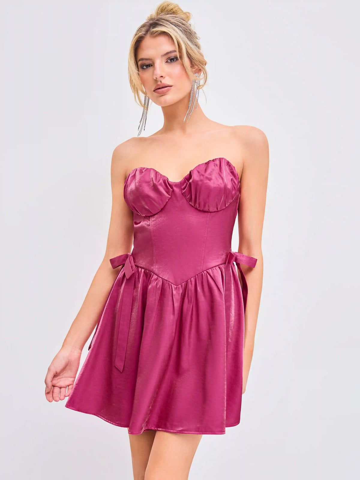 Satin Sweetheart Neckline Bowknot Ruffle Mini Dress