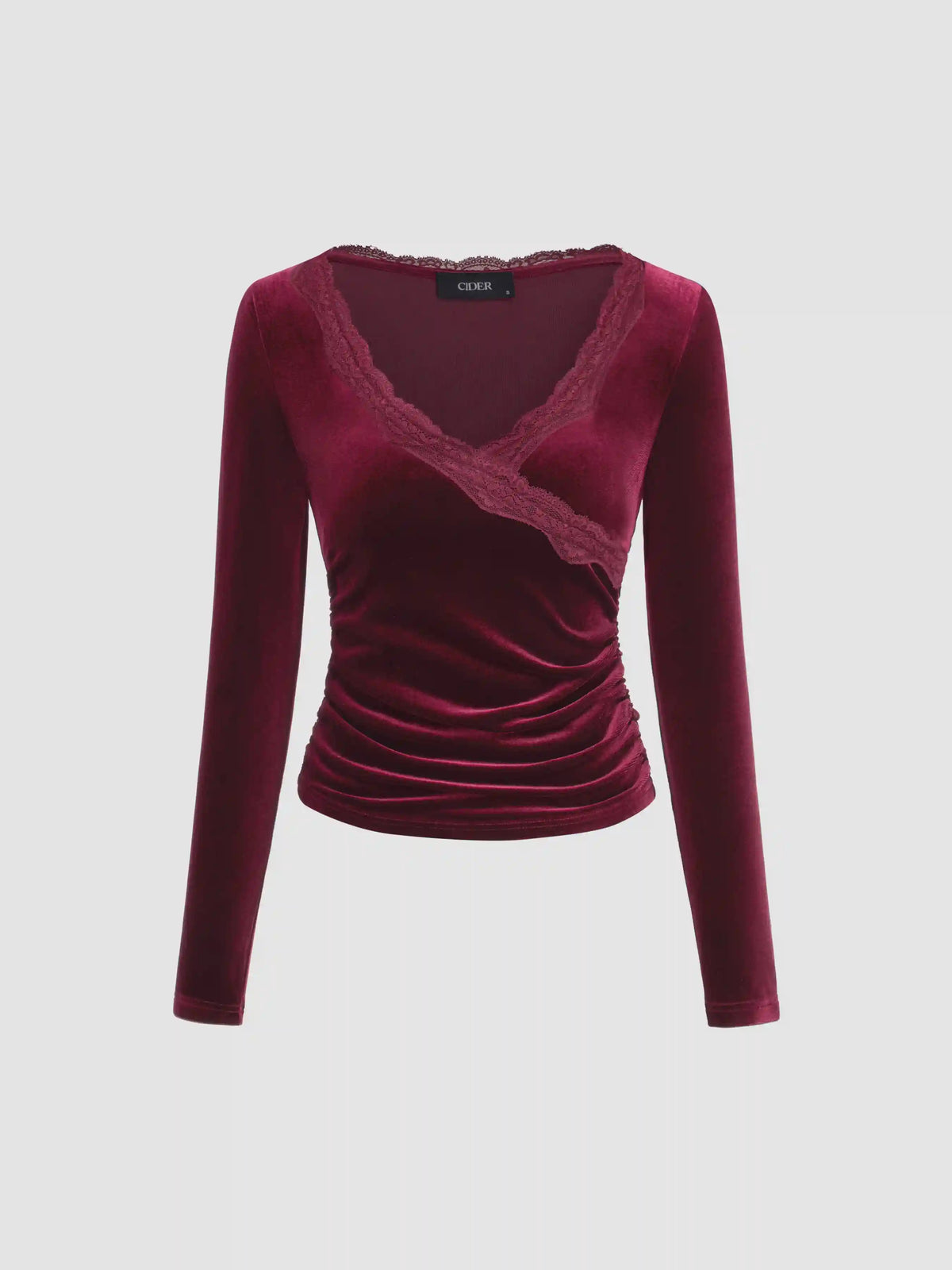 Velvet V-neck Solid Lace Ruched Long Sleeve Top