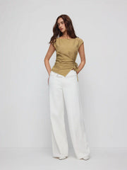 Textured Boat Neck Asymmetrical Hem Knotted Wrap Blouse