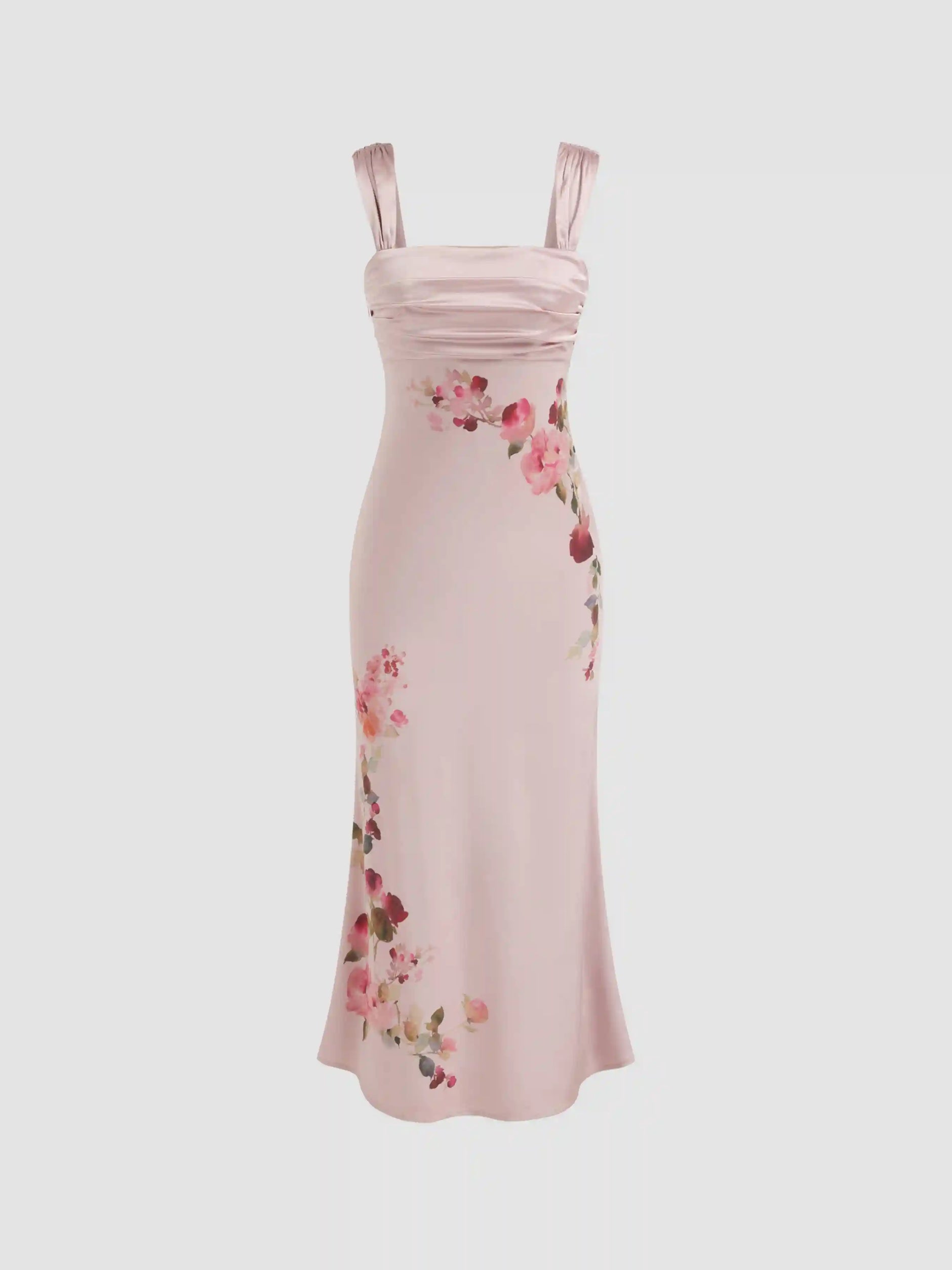 Satin Square Neck Floral Ruched Mermaid Maxi Dress