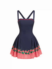 Gingham Fruit Print Knotted Crisscross Back Mini Dress