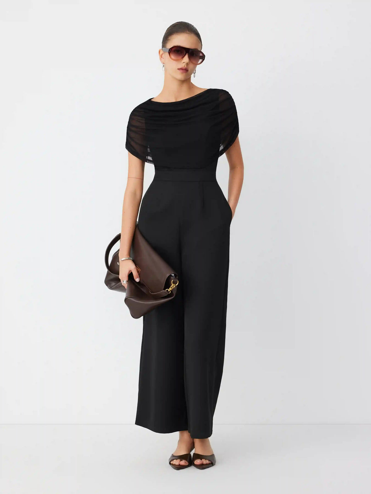 Mesh Boat Neck Ruched Mid Rise Straight Leg Jumpsuit