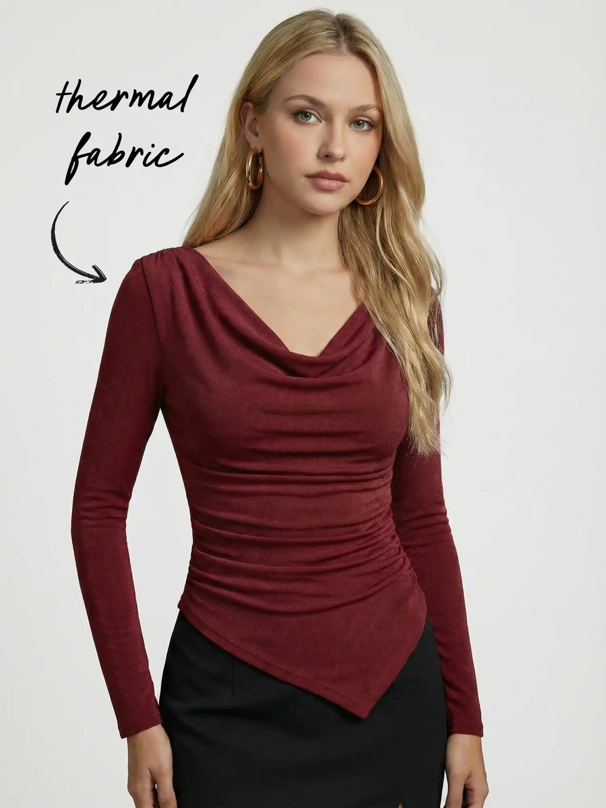 Thermal Cotton-blend Cowl Neck Ruched Asymmetrical Hem Top