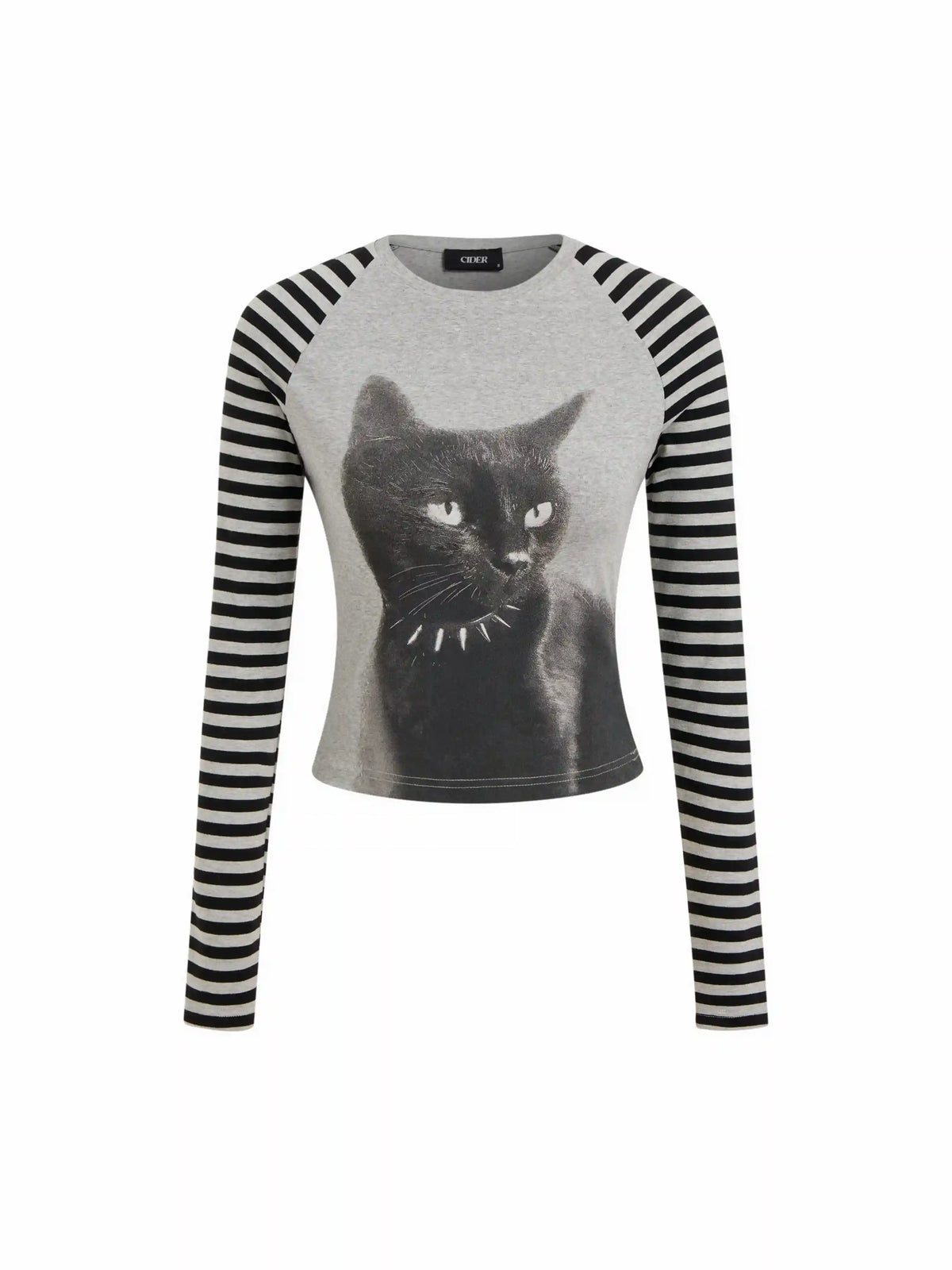 Cotton-blend Cat Graphic Striped Round Neckline Long Sleeve Tee