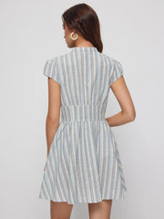 Striped V-neck Short Sleeve Ruffled A-line Mini Dress
