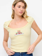Cotton-blend Fruit Embroidery Bowknot Short Sleeve Tee