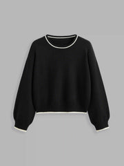 Knit Round Neckline Solid Contrasting Binding Top Curve & Plus