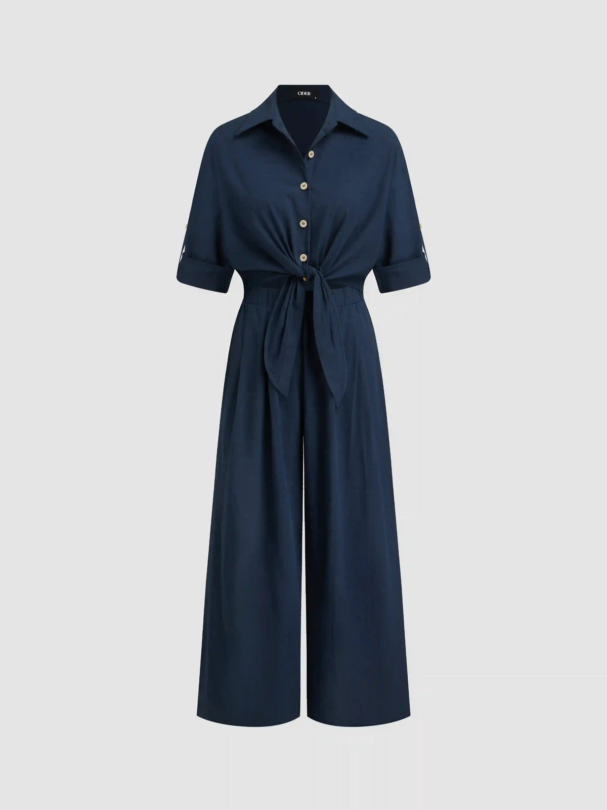 Linen-blend Collar Knotted Roll Hem Oversized Jumpsuit
