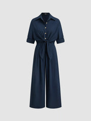 Linen-blend Collar Knotted Roll Hem Oversized Jumpsuit