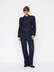 Denim Stand Collar Puff Long Sleeve Cinched Waist Button Jacket