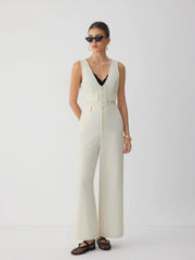 V-neck Button Front High Rise Straight Leg Jumpsuit
