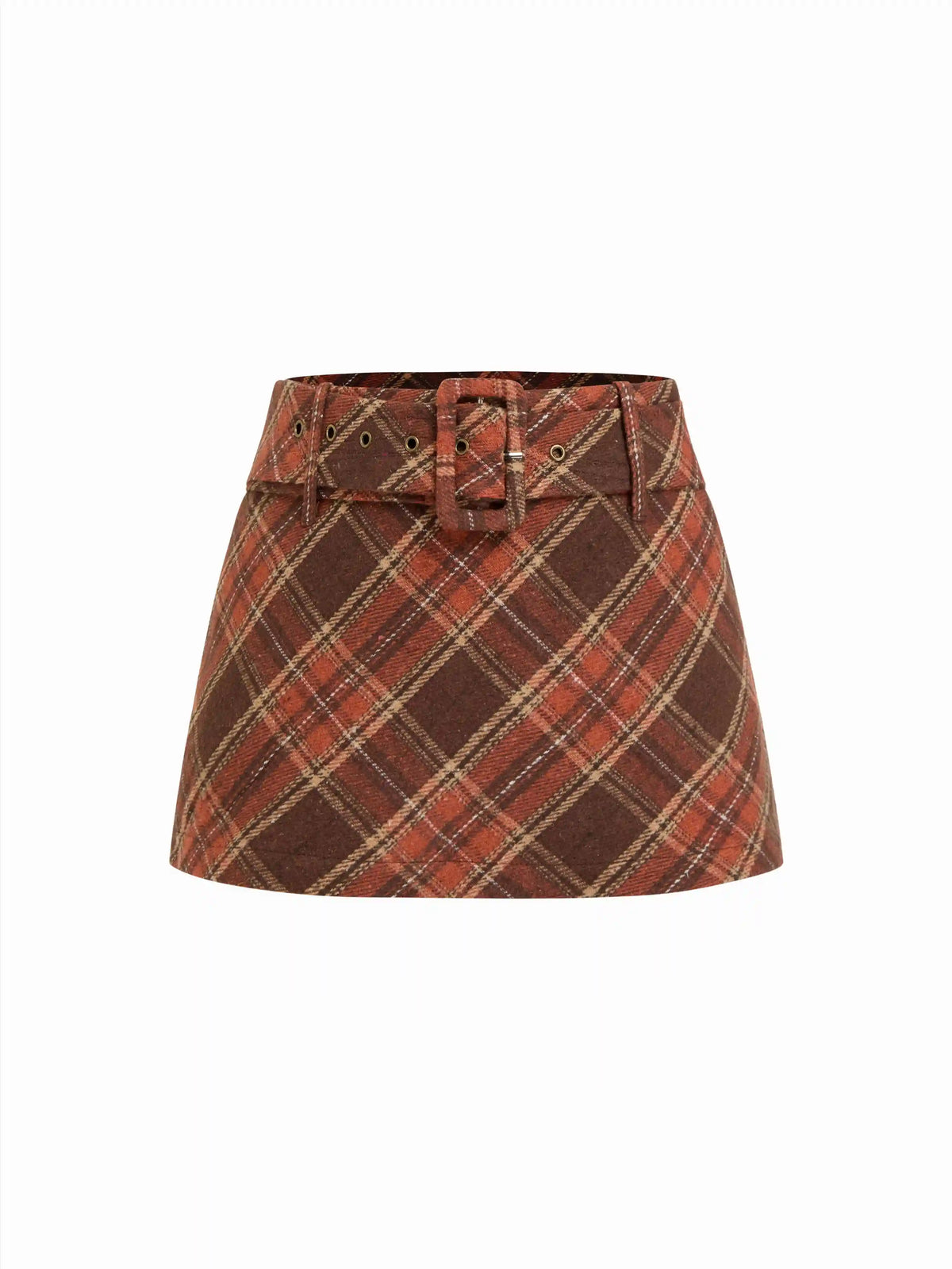 Wool-look Low Rise Plaid A Line Mini Skirt With Belt