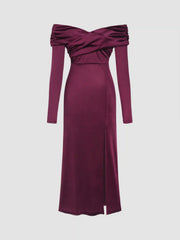 Velvet Off-shoulder Solid Split Maxi Dress