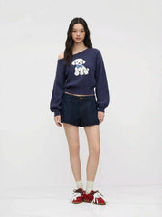 Dog Graphic Knit Asymmetrical Neck Long Sleeve Top