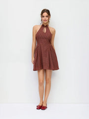 Cotton Plaid Halter Neckline Cut Out Bowknot Flared Mini Dress