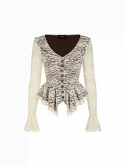 Lace V-neck Bell Sleeve Peplum Top