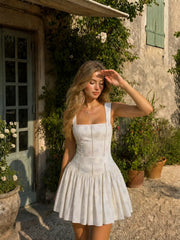 Cotton-blend Floral Square Neck Pleated Flared Mini Dress