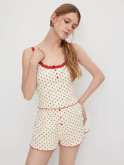 Cotton-blend U-neckline Polka Dot Lace Trim Cami Top & Mid Rise Shorts Loungewear Set