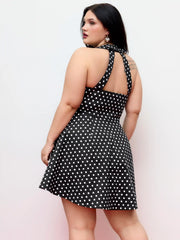 Cotton-blend Halter Neck Polka Dot Flared Mini Dress Curve & Plus