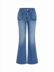 Stretch Denim Mid Rise Scalloped Trim Metal Detail Flared Jeans