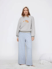 Cotton-blend Croissant Graphic Top & Striped Mid Rise Drawstring Wide Leg Trousers Loungewear Set