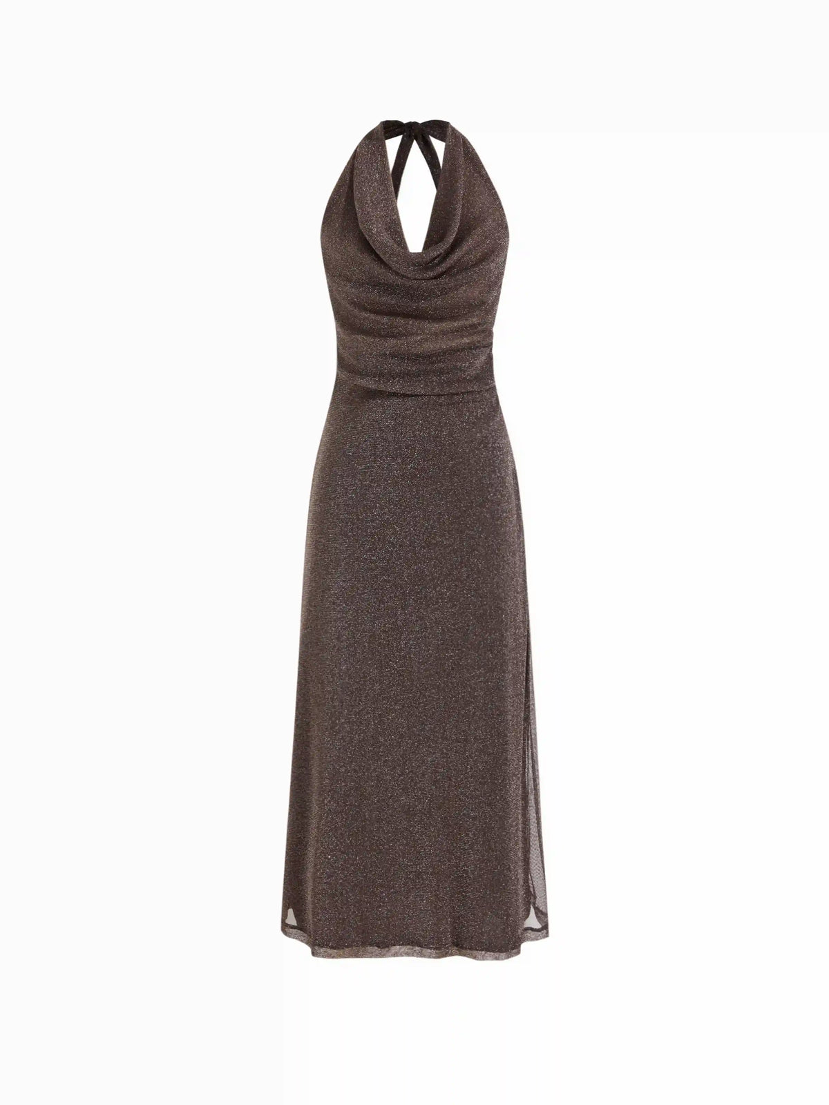 Metallic Cowl Neck High Rise Straight Maxi Dress
