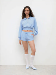 CDR Cotton-blend Collar Half Zip Crop Top & Low Rise Drawstring Micro Shorts Set