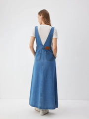 Washed Denim Pinafore Maxi Dress With Metal Detail