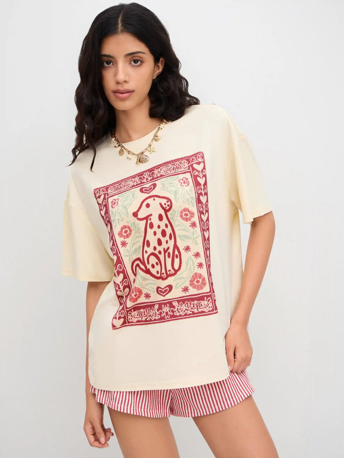 Cotton-blend Floral Dog Graphic Oversized Tee