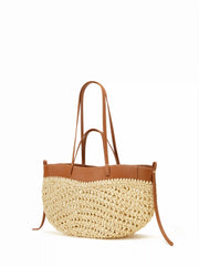 STRAW & FAUX LEATHER TOTE BAG