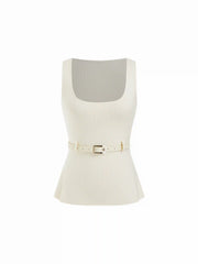 Knit Square Neck Tank Top With Belt