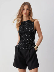 Polka Dot Boat Neck Ruched Mid Rise Romper