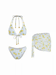 Fruit Halter Neckline Metal Detail Triangle Bikini Set With Sarong