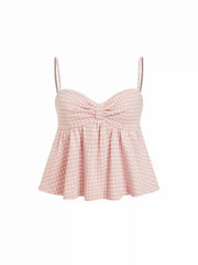 Gingham Sweetheart Neck Bowknot Peplum Crop Cami Top
