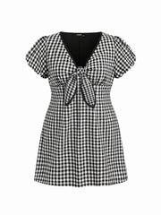 Cotton-blend V-neck Puff Sleeve Twist Knotted Gingham A-line Mini Dress Curve & Plus