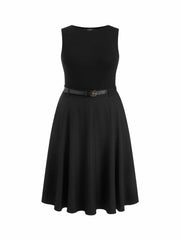 Boat Neck Sleeveless Pocket Midi A-line Dress With Belt Curve & Plus