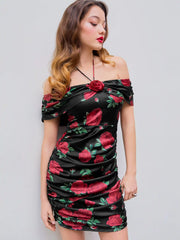 Asymmetrical Neck Rosette Floral Ruched Mini Dress