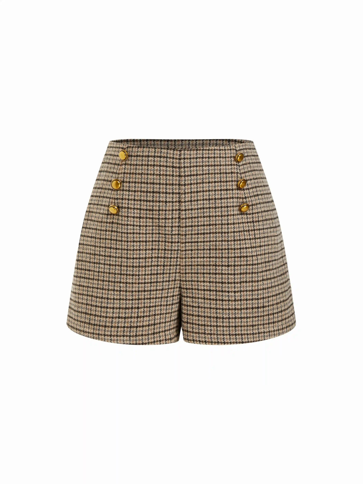 Wool-Look Mid Rise Houndstooth Metal Detail Shorts